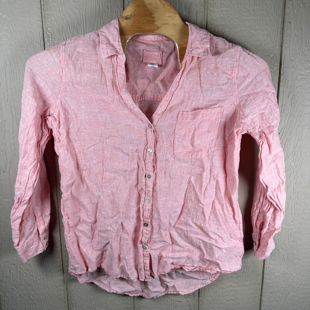 Sigrid Olsen Linen Button Up Vneck Shirt Womens Sz XL Pink Roll Tab Long Sleeve